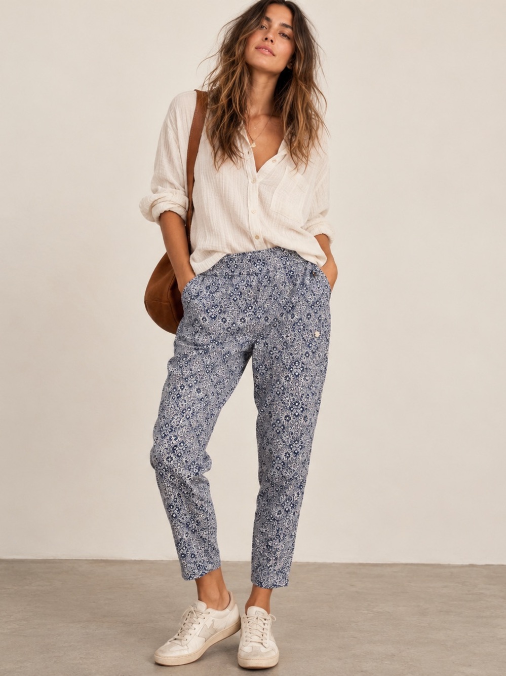 Blue Floral Lightweight Tapered Boho Pants